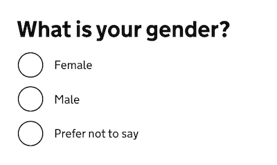 part of a form asking the gender with 3 options via radio buttons: Female, Male, Prefer not to say
