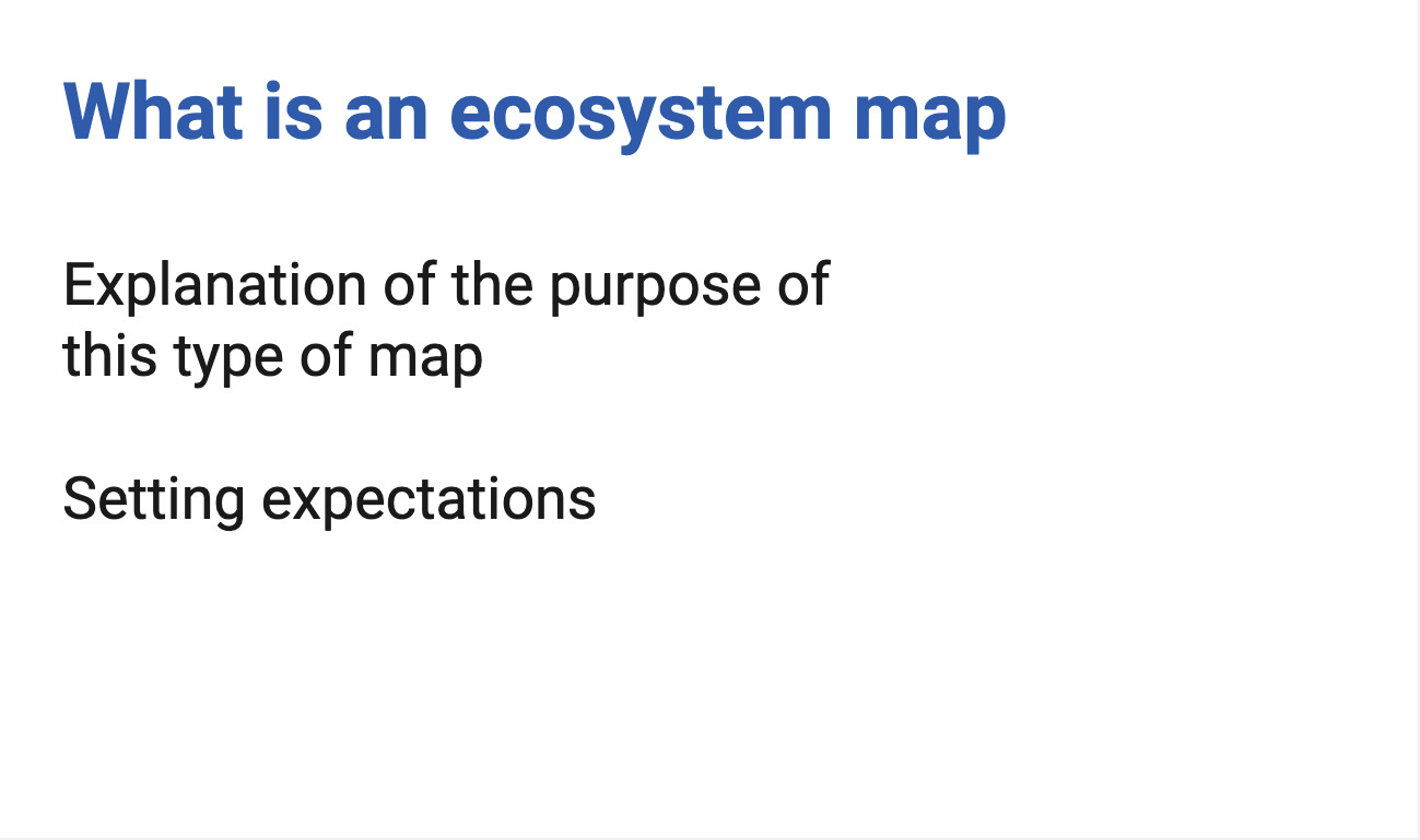 mini slide with the heading 'what is an ecosystem map' and an explanation of the purpose of this type of map and setting expectations