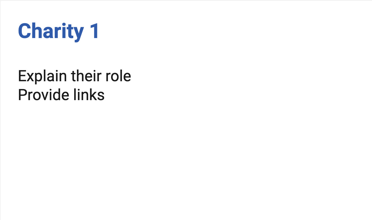 mini slide with the heading:  charity 1 and a text explaining their role and providing links