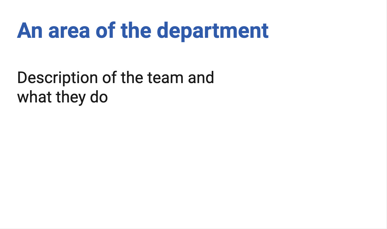 mini slide with the heading: an area of the department and a description of the teams and what they do