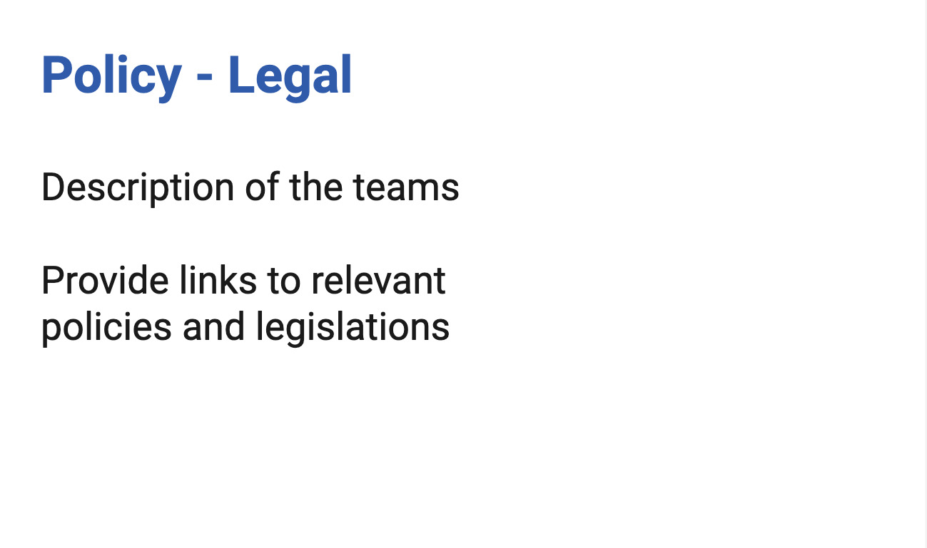 mini slide with the heading: policy and legal and a description of the teams and relevant links to policies and legislations