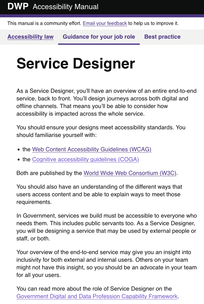 page of the DWP Accessibility manual showing the guidance for the service designer job role